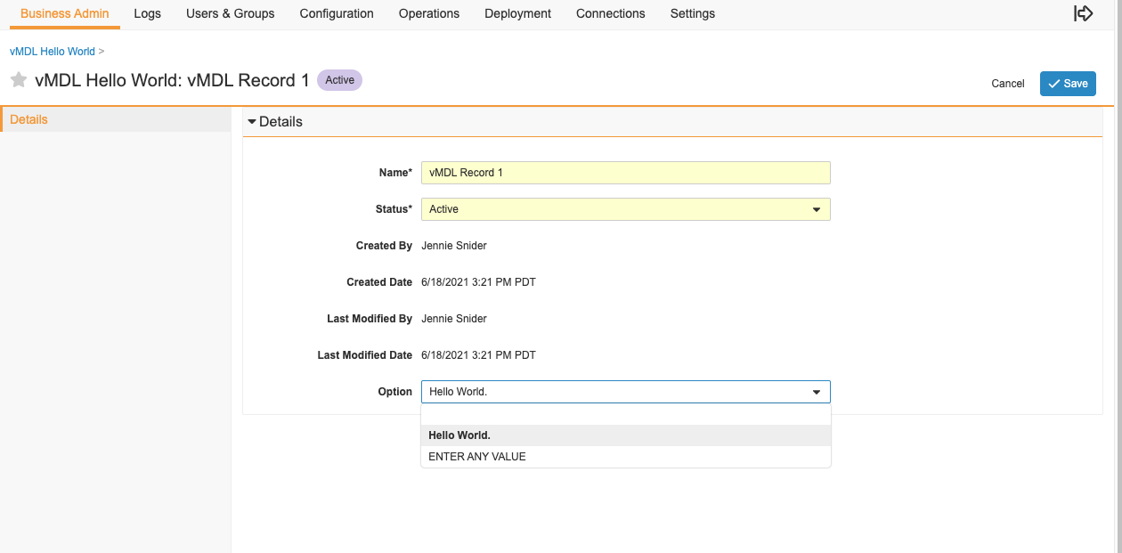 vMDL Hello World Alter Picklist