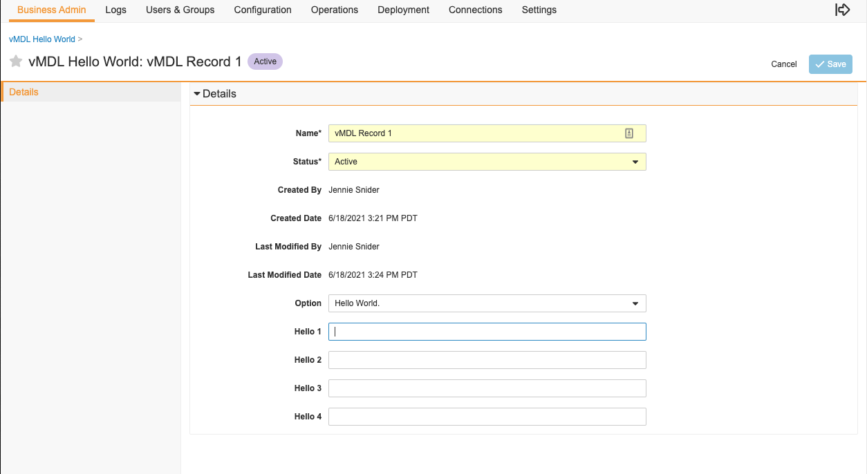 vMDL Hello World Object Fields