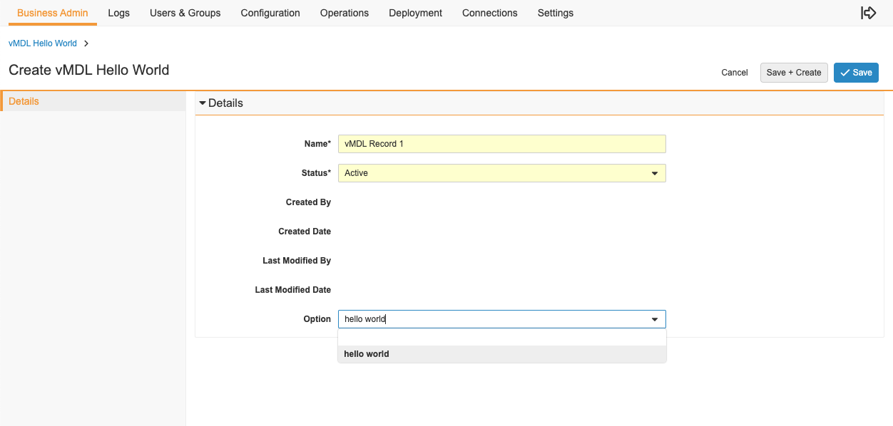 vMDL Hello World Record