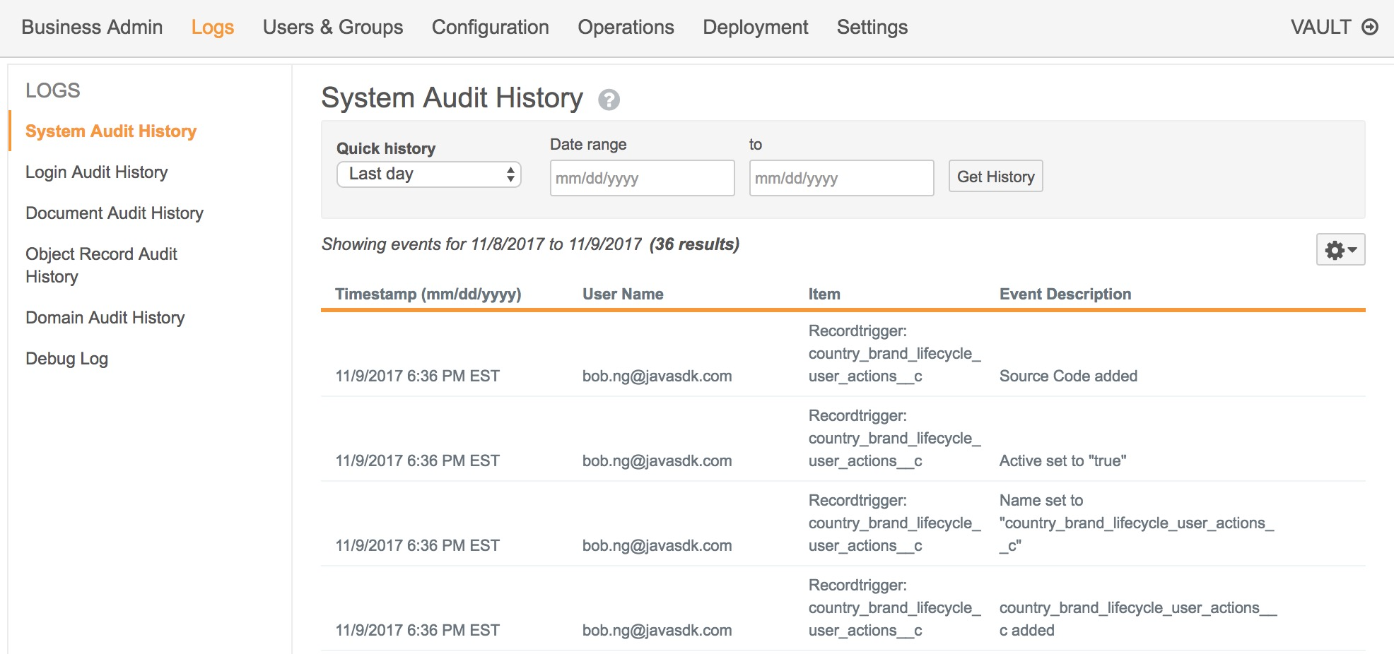 System Audit History in Vault.