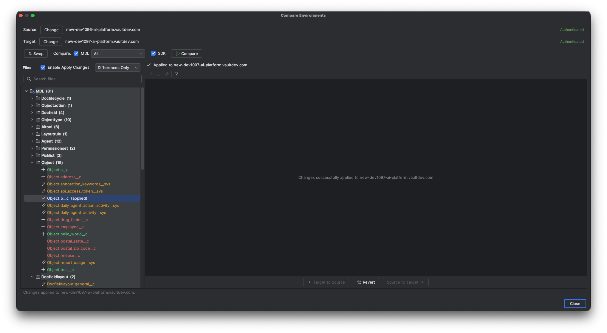 Applying Changes after Comparing Vaults