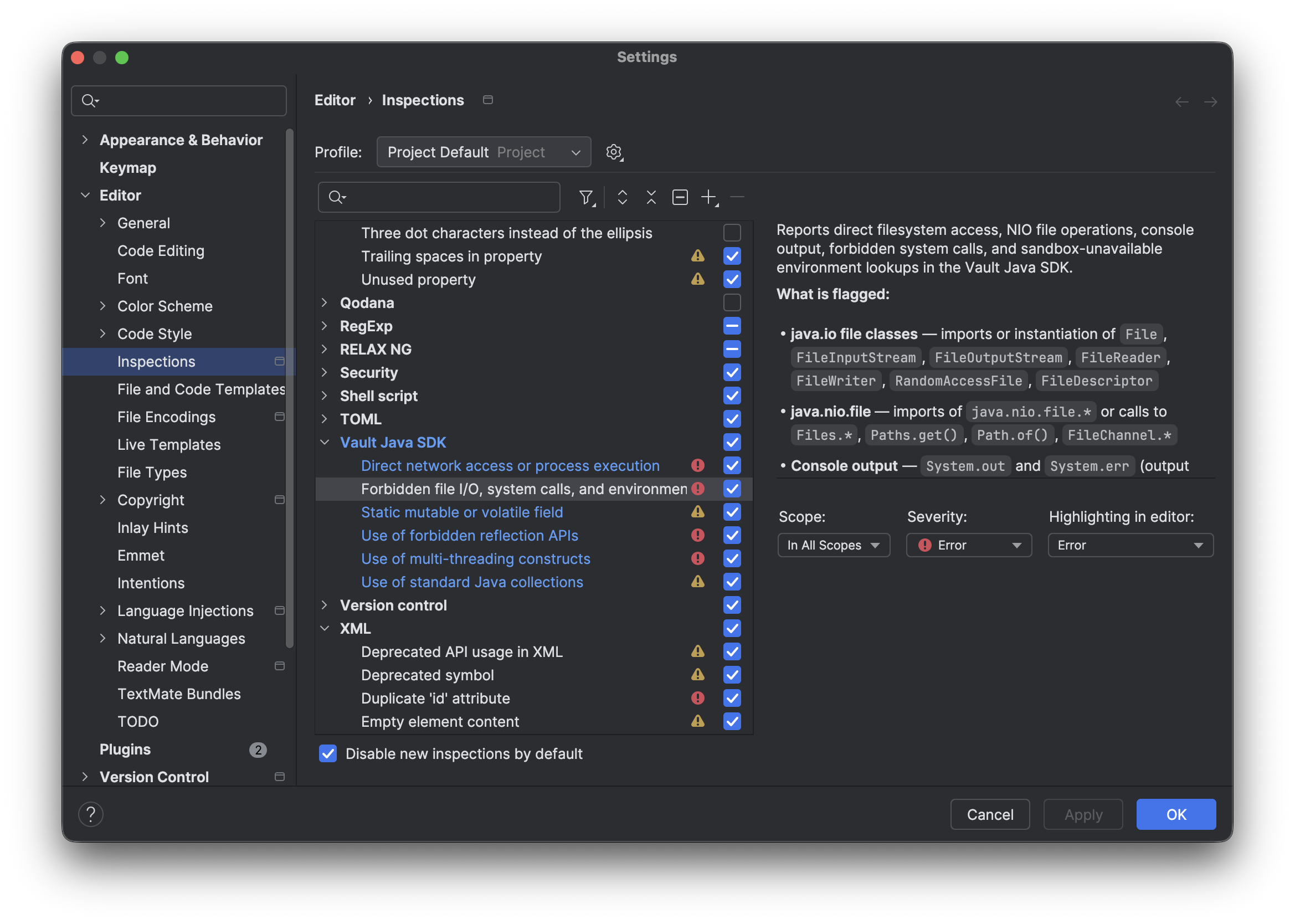 IntelliJ Plugin Vault Java SDK Inspections