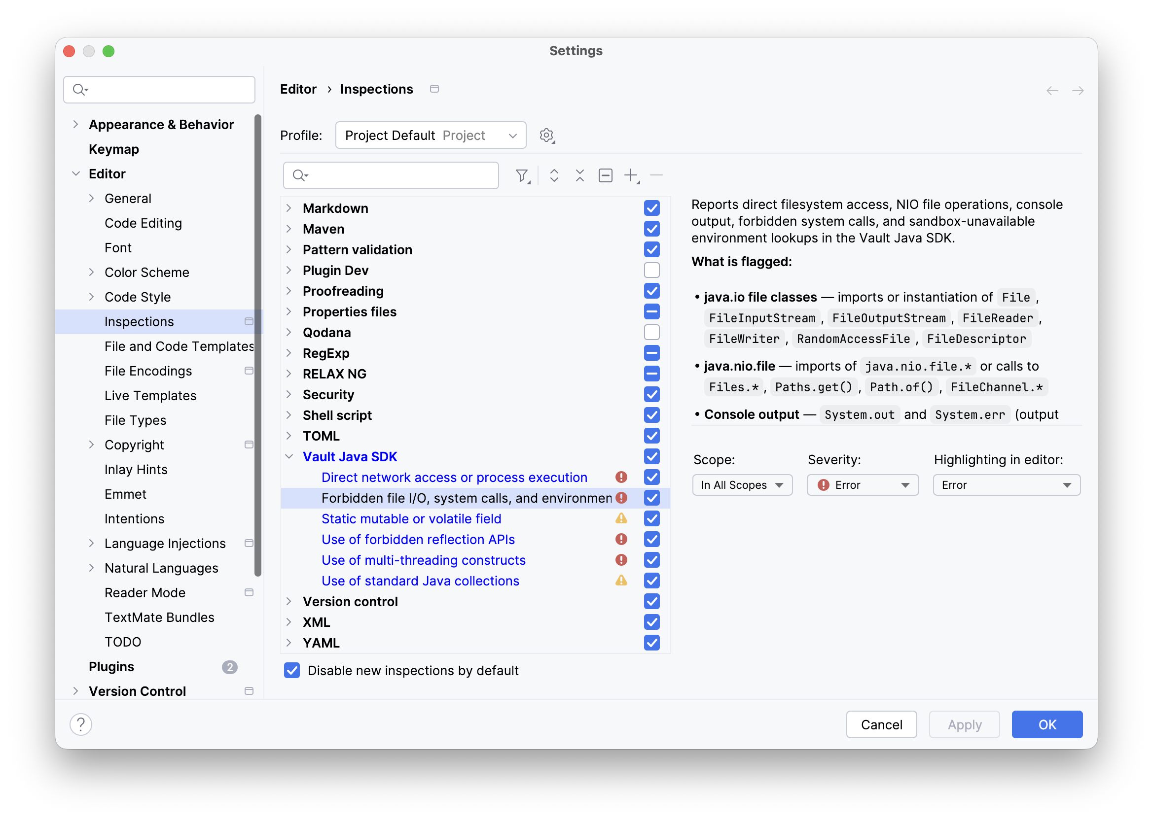 IntelliJ Plugin Vault Java SDK Inspections